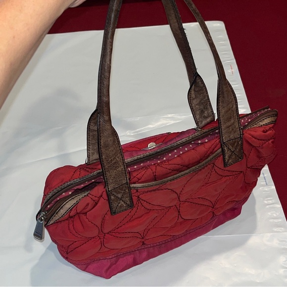 Fossil Key Per RED Handbag Purse Cranberry QUILTED Fabric Brown Leather TOTE 15” - Picture 13 of 14